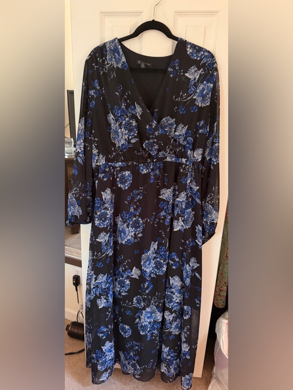 INC International Concepts Black Long Sleeve Floral Wrap Dress with Blue Print